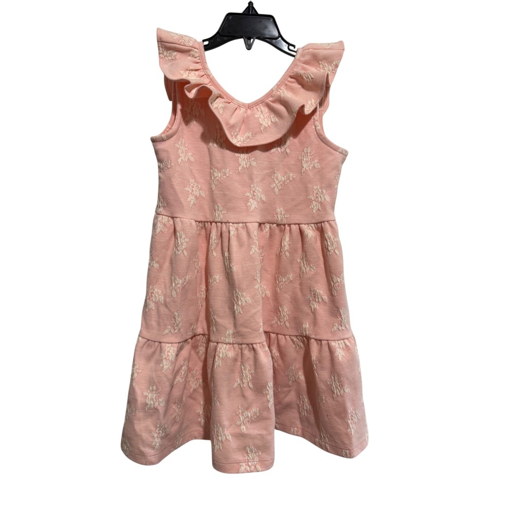 Janie and Jack Jacquard Dress Girls Size 6 Coral Pink Floral Ruffle Tiered Party
